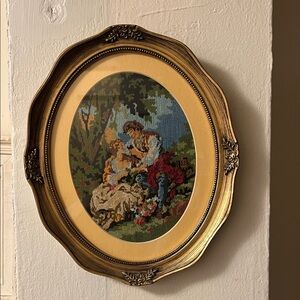 Vintage Oval Petite Point Needlepoint Art in Frane